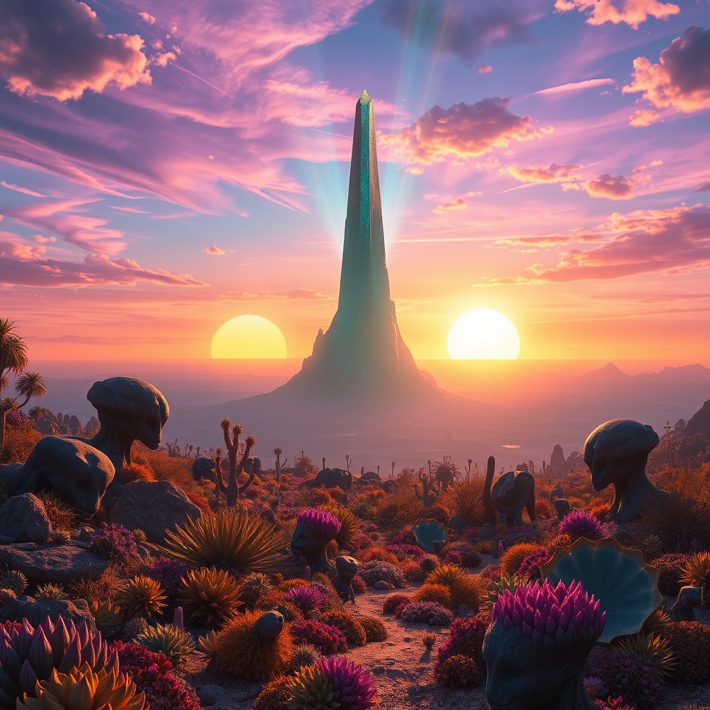A stunning alien landscape filled with vibrant colors and strange flora and fauna, featuring otherworldly creatures and plants
