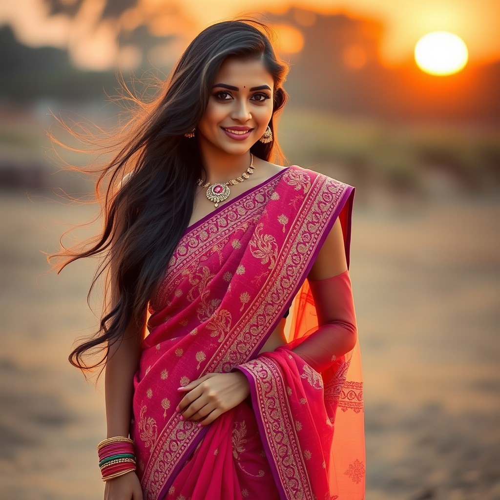 A hot Indian woman dressed in a stunning traditional saree with intricate embroidery and vibrant colors, gracefully standing against a beautiful sunset backdrop
