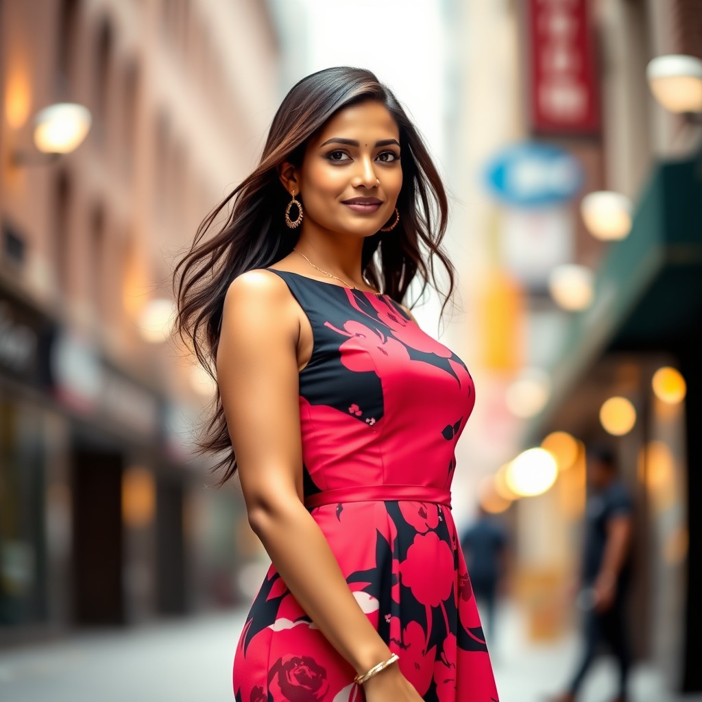 An Indian woman wearing a stylish Western dress, featuring a modern and elegant design that complements her figure