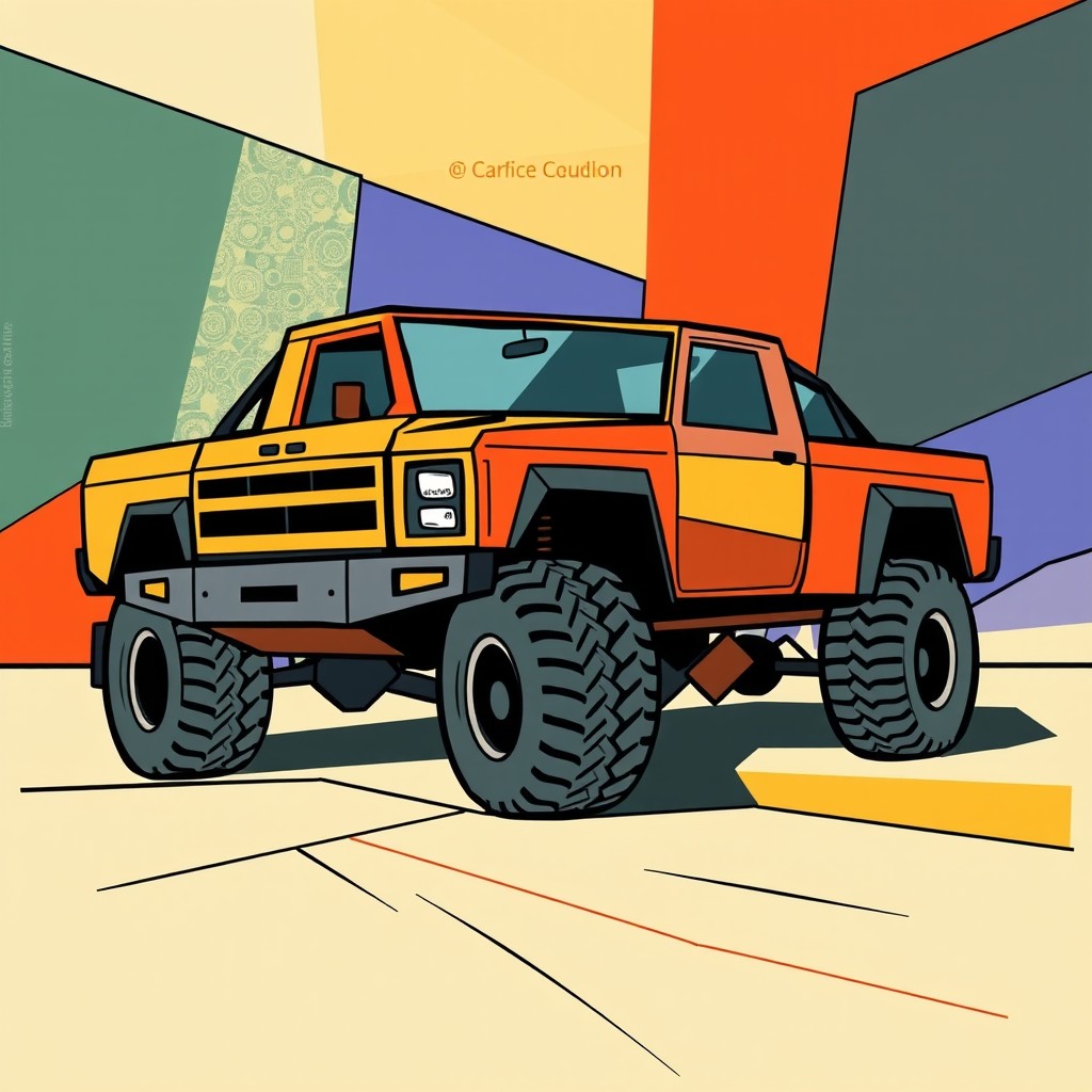 A 4x4 truck designed in a cubist style, featuring geometric shapes and fragmented forms