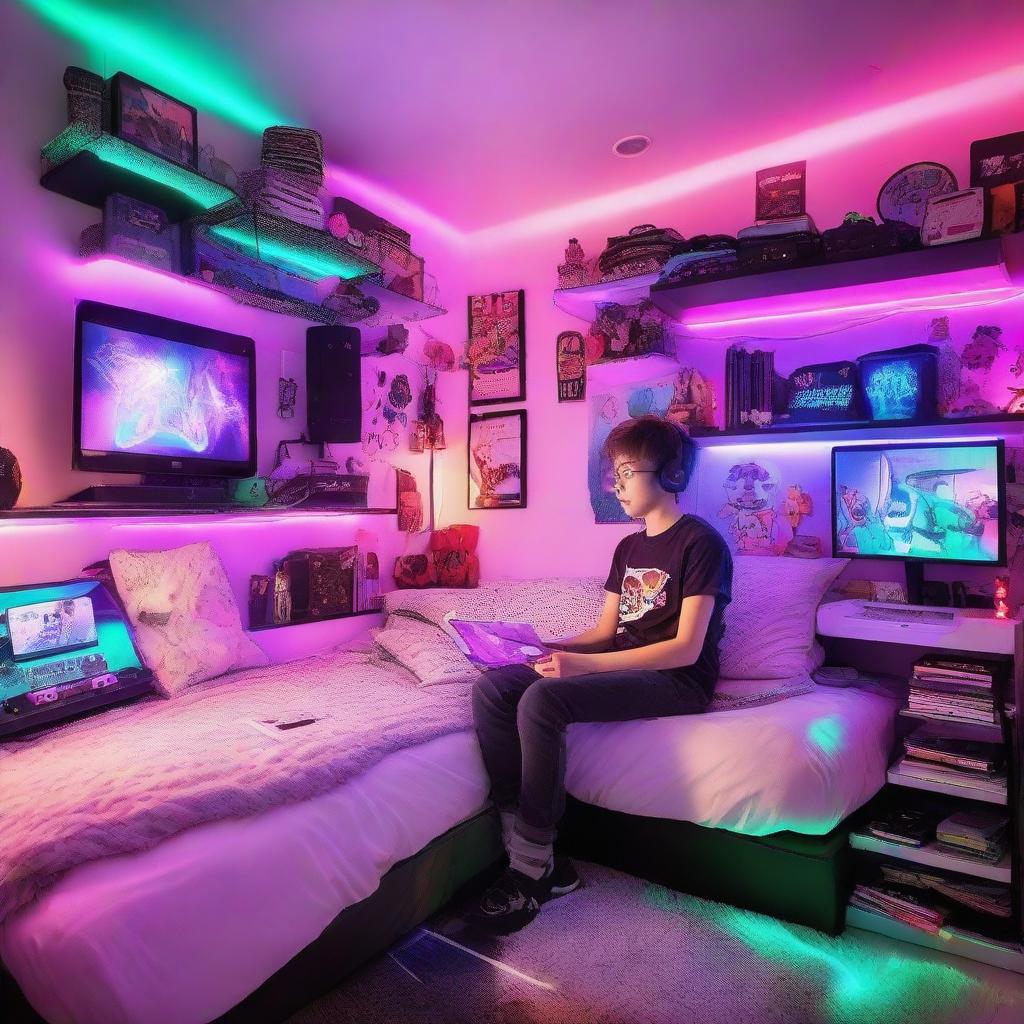 A cool teenager in a vibrant, gaming-themed bedroom, surrounded by sparkling RGB lights. The room features an anime-themed bed, a slick gaming setup, and wall shelves filled with gaming memorabilia.