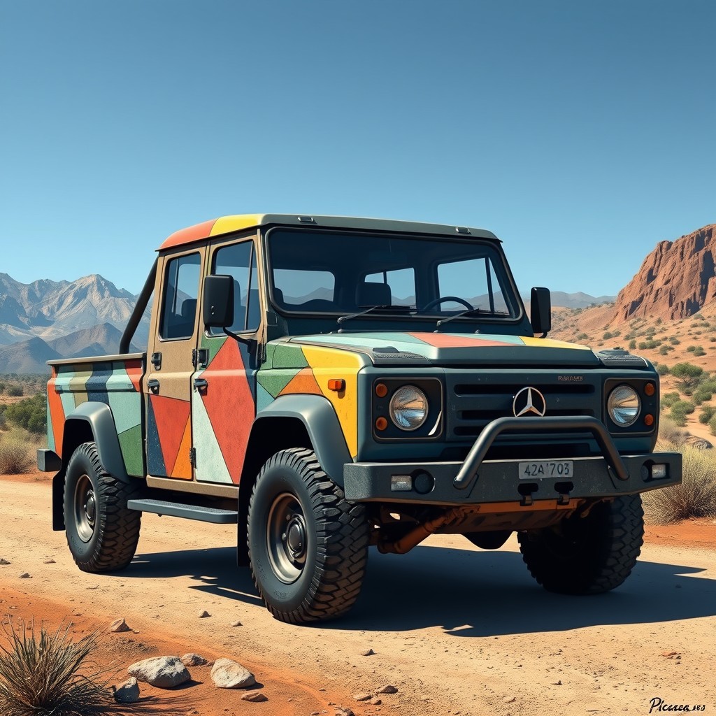 A realistic render of a closed 4x4 truck infused with the cubist style of Picasso