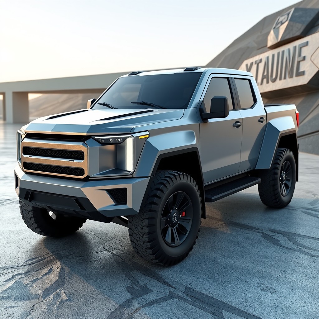 A realistic render of a futuristic 4x4 truck designed entirely with flat cuts and sharp angles
