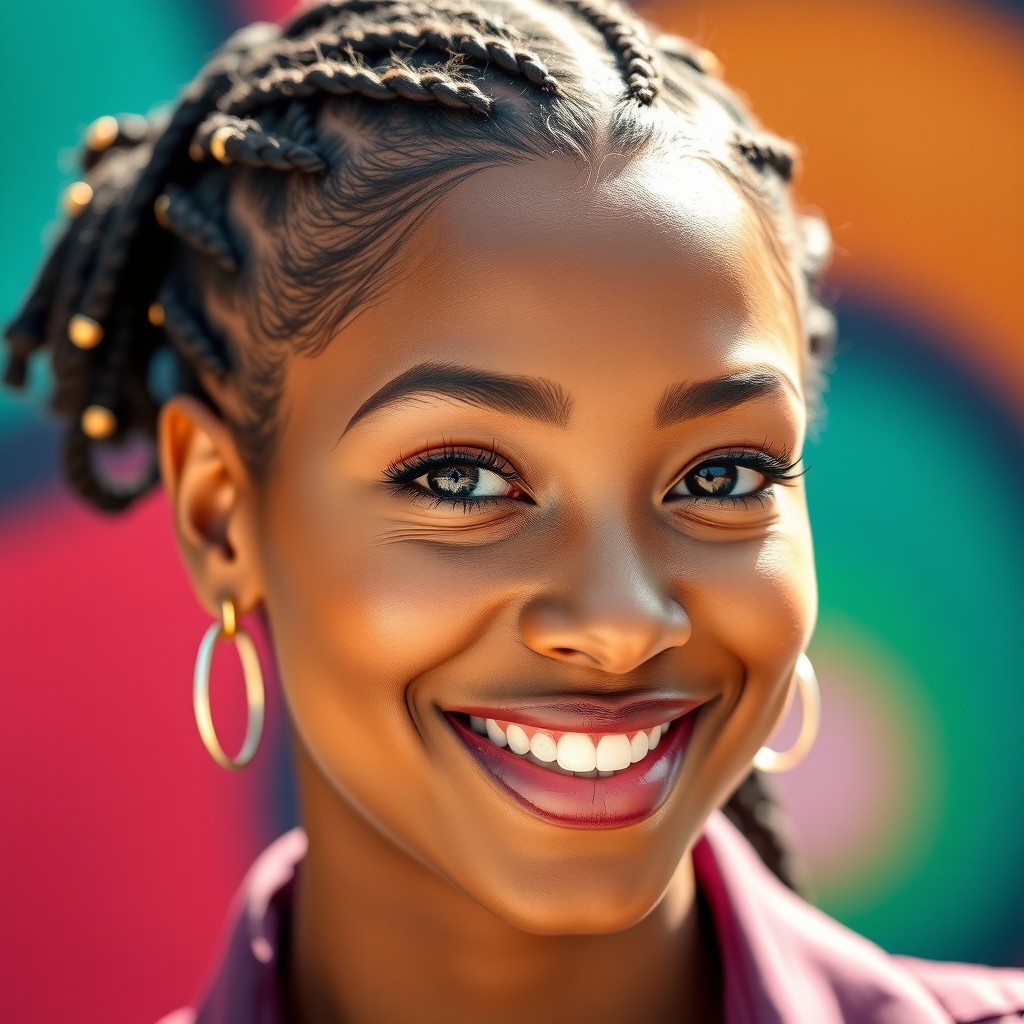 A close-up portrait of a confident woman named Lily with love braids, showcasing her unique and stylish hairstyle