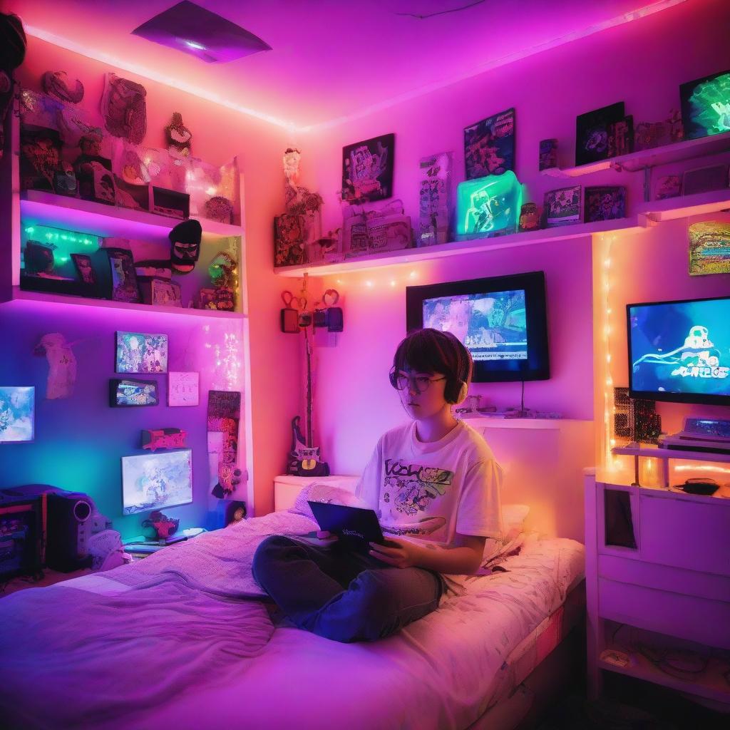 A cool teenager in a vibrant, gaming-themed bedroom, surrounded by sparkling RGB lights. The room features an anime-themed bed, a slick gaming setup, and wall shelves filled with gaming memorabilia.