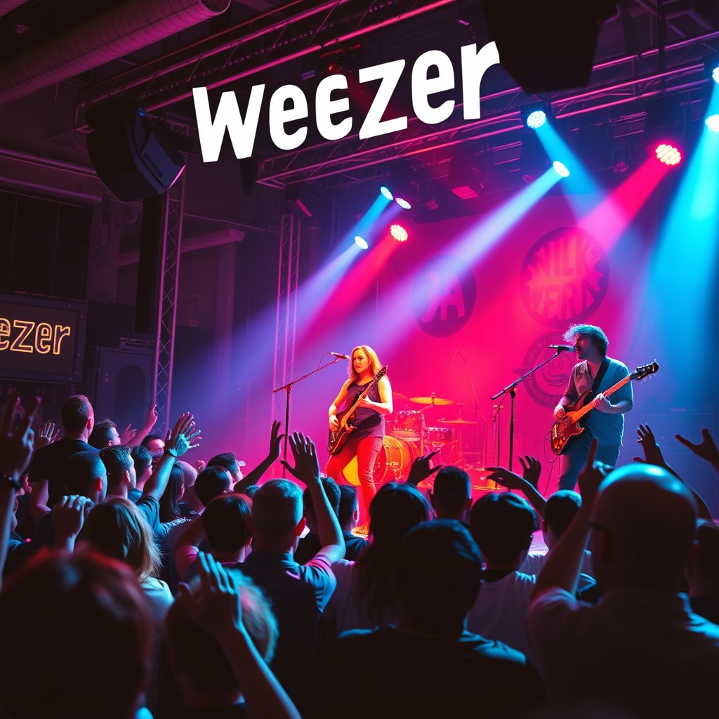 A visual representation of the themes found in Weezer's music, featuring a band performing on stage with lively energy, surrounded by an enthusiastic crowd enjoying the concert experience