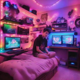 A cool teenager in a vibrant, gaming-themed bedroom, surrounded by sparkling RGB lights. The room features an anime-themed bed, a slick gaming setup, and wall shelves filled with gaming memorabilia.