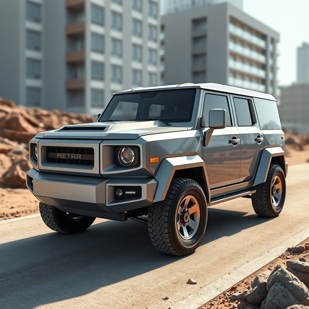 A realistic render of a closed futuristic 4x4 truck inspired by the FJ Cruiser, designed entirely with flat cuts and sharp angles