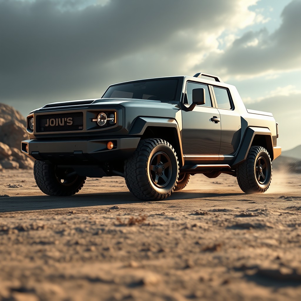 A realistic render of a closed futuristic 4x4 truck inspired by the FJ Cruiser, featuring 5 doors and designed entirely with flat cuts and sharp angles