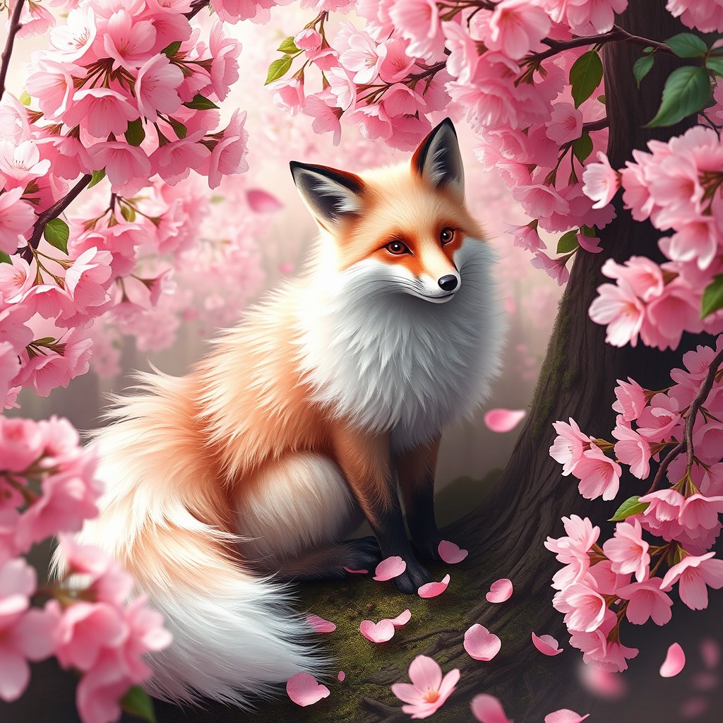 A beautiful scene featuring a nine-tailed fox with fur that resembles cherry blossoms, showcasing shades of soft pinks and whites