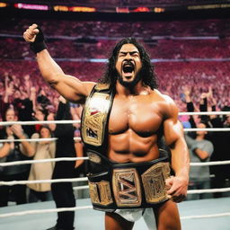 WWE wrestler Veer Mahaan proudly holding all WWE title belts amidst a roaring crowd in a wrestling ring.