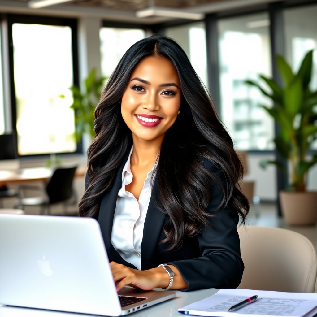 A beautiful Filipina woman in a modern office setting, wearing stylish professional attire that enhances her elegance