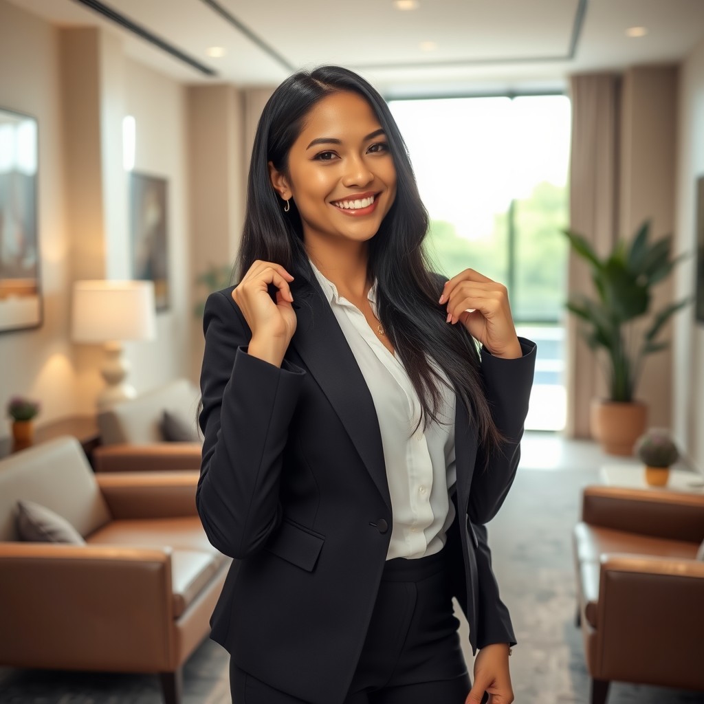 A beautiful Filipina woman in an elegant office setting, showcasing her confidence while playfully adjusting her stylish professional attire