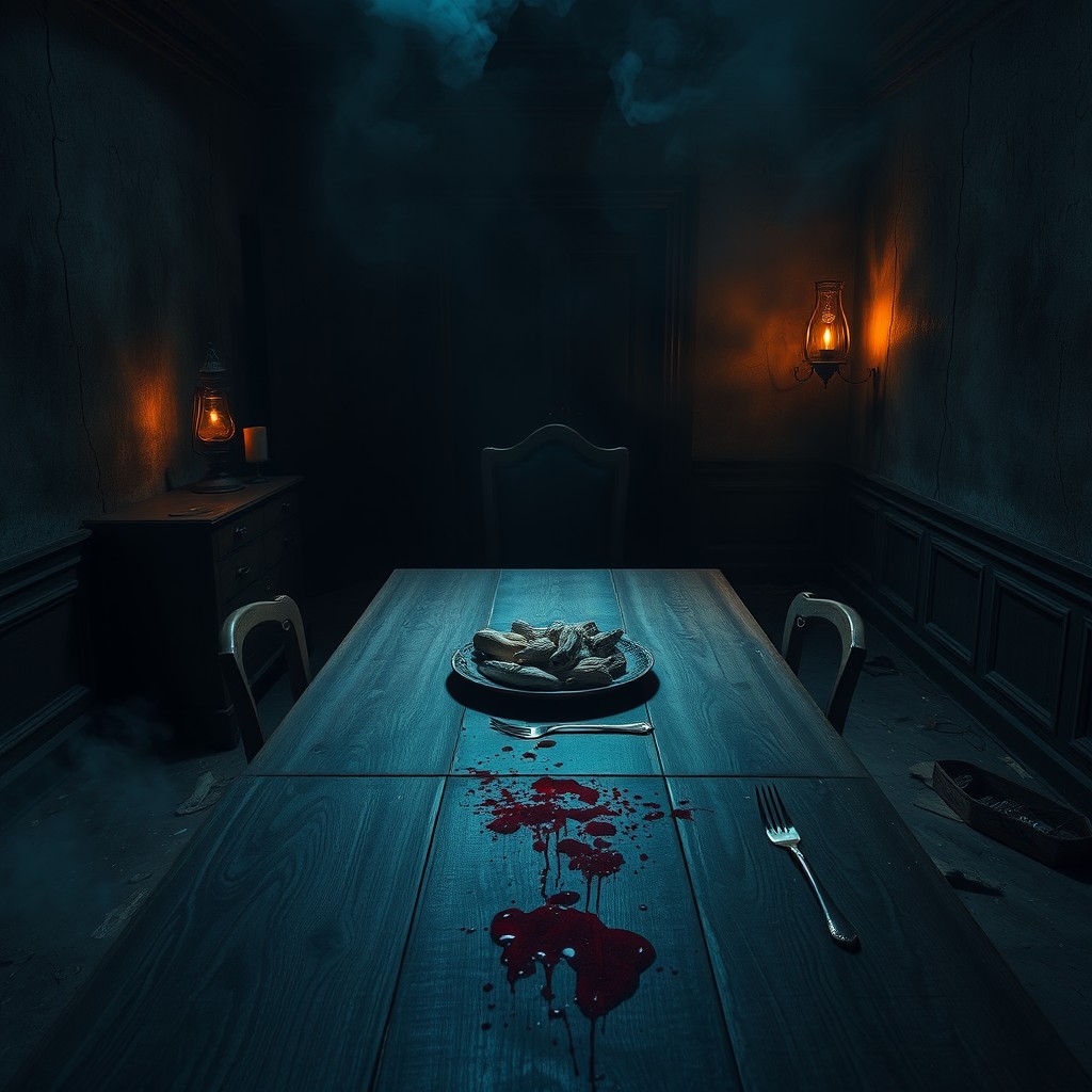 A dark psychological horror scene featuring a long wooden table in the foreground, centered and symmetrically composed