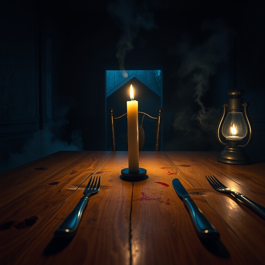 A dark cinematic horror scene viewed from a very close eye level perspective as if the viewer is seated at a table