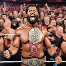 WWE wrestler Veer Mahaan proudly holding all WWE title belts amidst a roaring crowd in a wrestling ring.