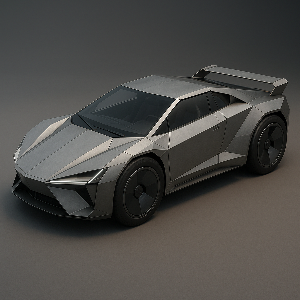 Crea el render de un auto superdeportivo futurista de dos asientos construido con laminas de acero planas facetadas para seguir las formas aerodinamicas con ruedas de 21 pulgadas que llevan dentro motores electricos el ancho de las ruedas debe ser de 35 cm