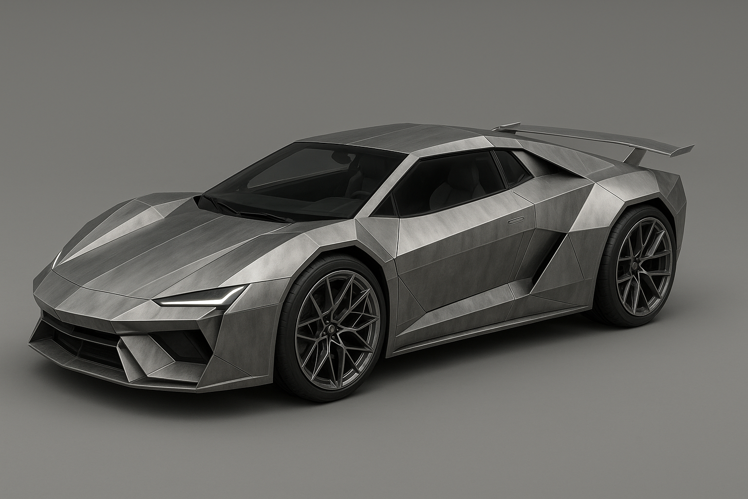 Crea el render de un auto superdeportivo futurista de dos asientos construido con laminas de acero planas facetadas para seguir las formas aerodinamicas con ruedas de 21 pulgadas el ancho de las ruedas debe ser de 35 cm el los radios del aro deben tener una estructura fractal