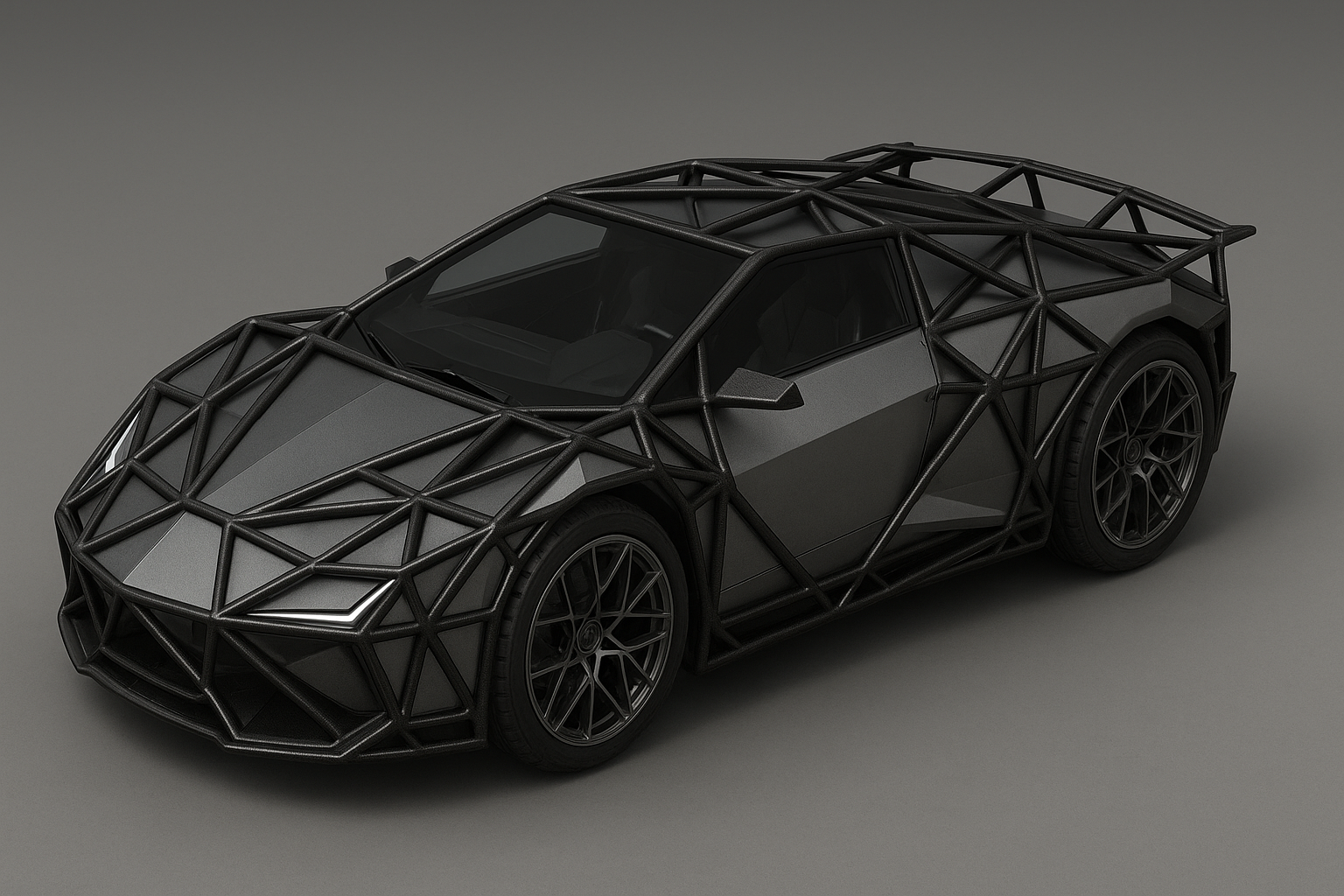 Crea el render de un auto superdeportivo futurista de dos asientos construido con laminas de acero planas facetadas para seguir las formas aerodinamicas con ruedas de 21 pulgadas el ancho de las ruedas debe ser de 35 cm el los radios del aro deben tener una estructura fractal, el exterior debe estar reforzado con un exoesqueleto metalico reticulado parecido a tijerales de base triangular de fibra de carbono negra impresa en 3d siguiendo la estructura del auto con una sección estructural de 5 centimetros