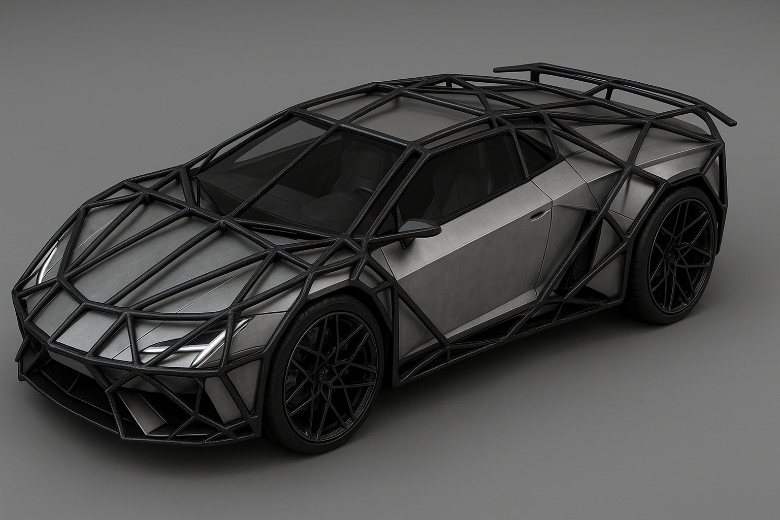 Crea el render de un auto superdeportivo futurista de dos asientos construido con laminas de acero planas facetadas para seguir las formas aerodinamicas de 5 metros de largo con ruedas de 21 pulgadas el ancho de las ruedas debe ser de 35 cm el los radios del aro deben tener una estructura fractal, el exterior debe estar reforzado con un exoesqueleto metalico reticulado parecido a tijerales pero de geometria fractal de fibra de carbono negra impresa en 3d siguiendo la estructura del auto con una sección estructural de 3 centimetros que permita abrir la puerta