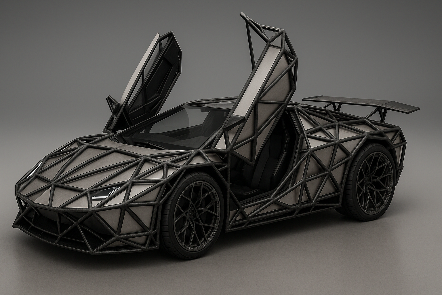 Crea el render de un auto superdeportivo futurista de dos asientos construido con laminas de acero planas facetadas para seguir las formas aerodinamicas de 5 metros de largo puertas que se abren hacia arriba con ruedas de 21 pulgadas el ancho de las ruedas debe ser de 35 cm el los radios del aro deben tener una estructura fractal, el exterior debe estar reforzado con un exoesqueleto metalico reticulado parecido a tijerales pero de geometria fractal de fibra de carbono negra impresa en 3d siguiendo la estructura del auto con una sección estructural de 3 centimetros que permita abrir la puerta