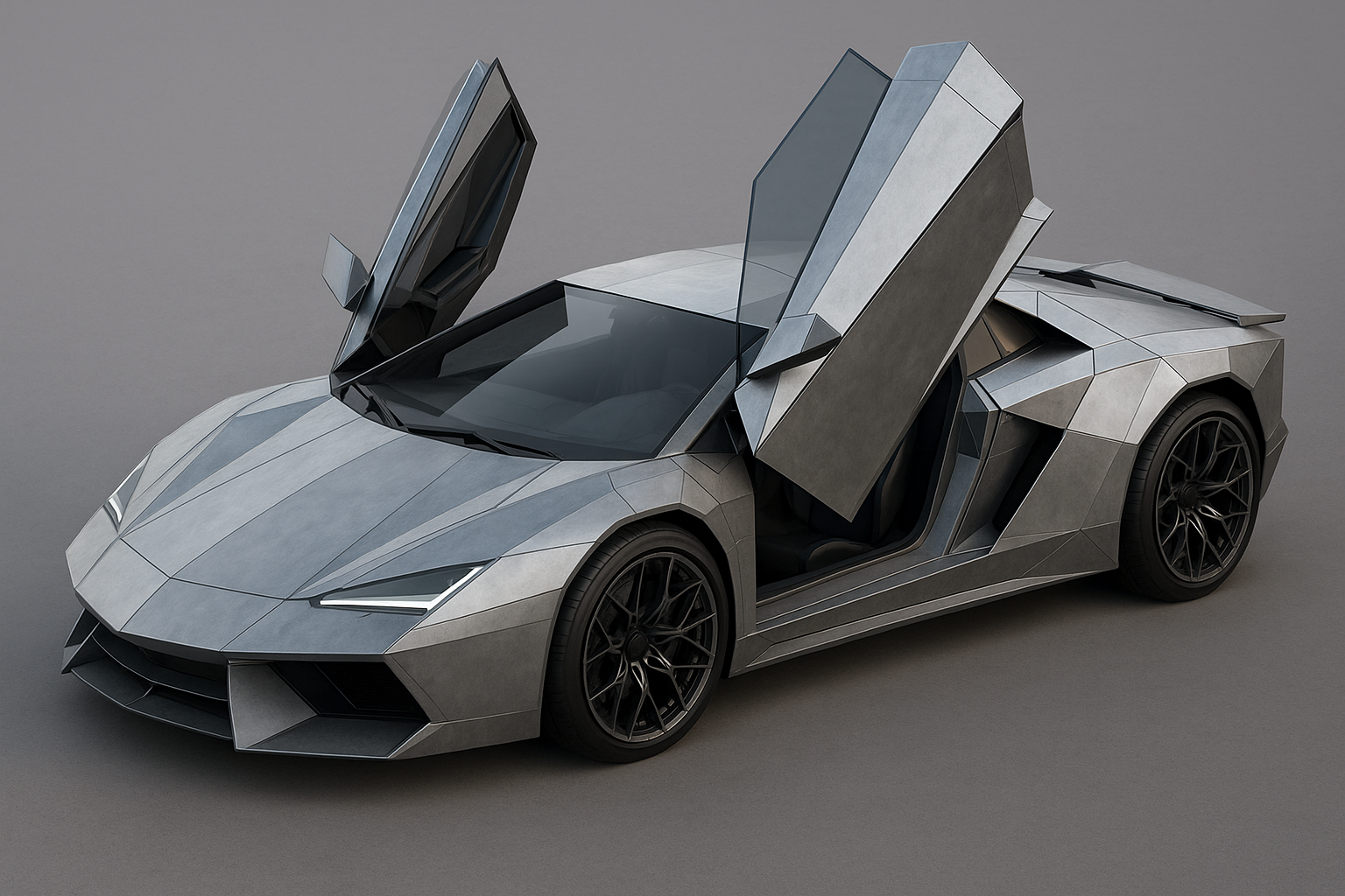 Crea el render de un auto superdeportivo futurista de dos asientos construido con laminas de acero planas facetadas para seguir las formas aerodinamicas de 5 metros de largo puertas que se abren hacia arriba con ruedas de 21 pulgadas el ancho de las ruedas debe ser de 35 cm el los radios del aro deben tener una estructura fractal