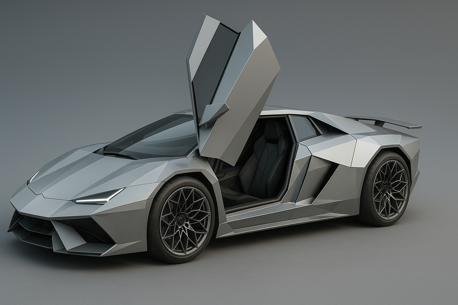 Crea el render de un auto superdeportivo futurista de dos asientos construido con laminas de acero planas facetadas para seguir las formas aerodinamicas de 5 metros de largo puertas que se abren hacia arriba con ruedas de 21 pulgadas el ancho de las ruedas debe ser de 35 cm el los radios del aro deben tener una estructura fractal
