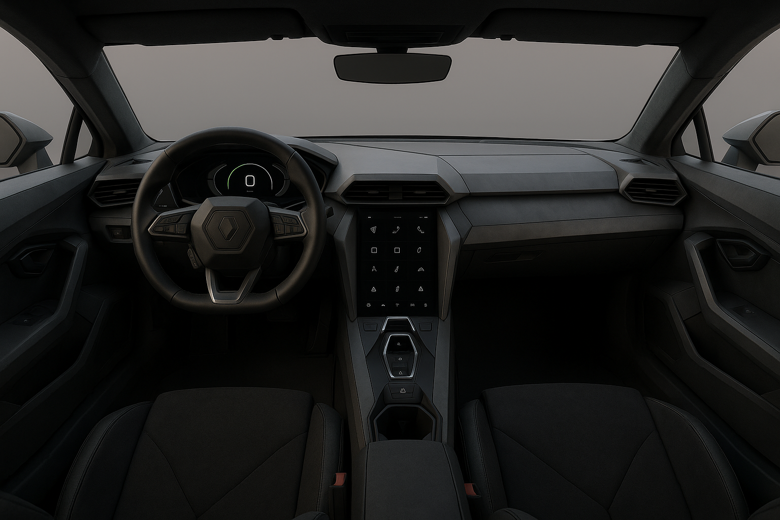 Crea el render de la vista posterior del interior de superdeportivo electrico de las imagenes adjuntas