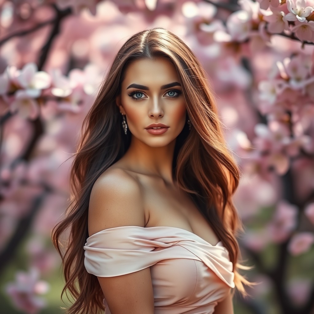 A stunning portrait of a confident woman with long, flowing brunette hair, wearing an elegant off-shoulder dress that accentuates her graceful figure