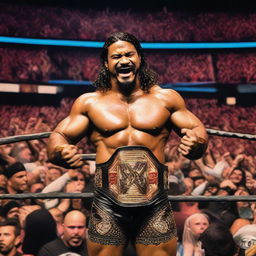 WWE wrestler Veer Mahaan proudly holding all WWE title belts amidst a roaring crowd in a wrestling ring.