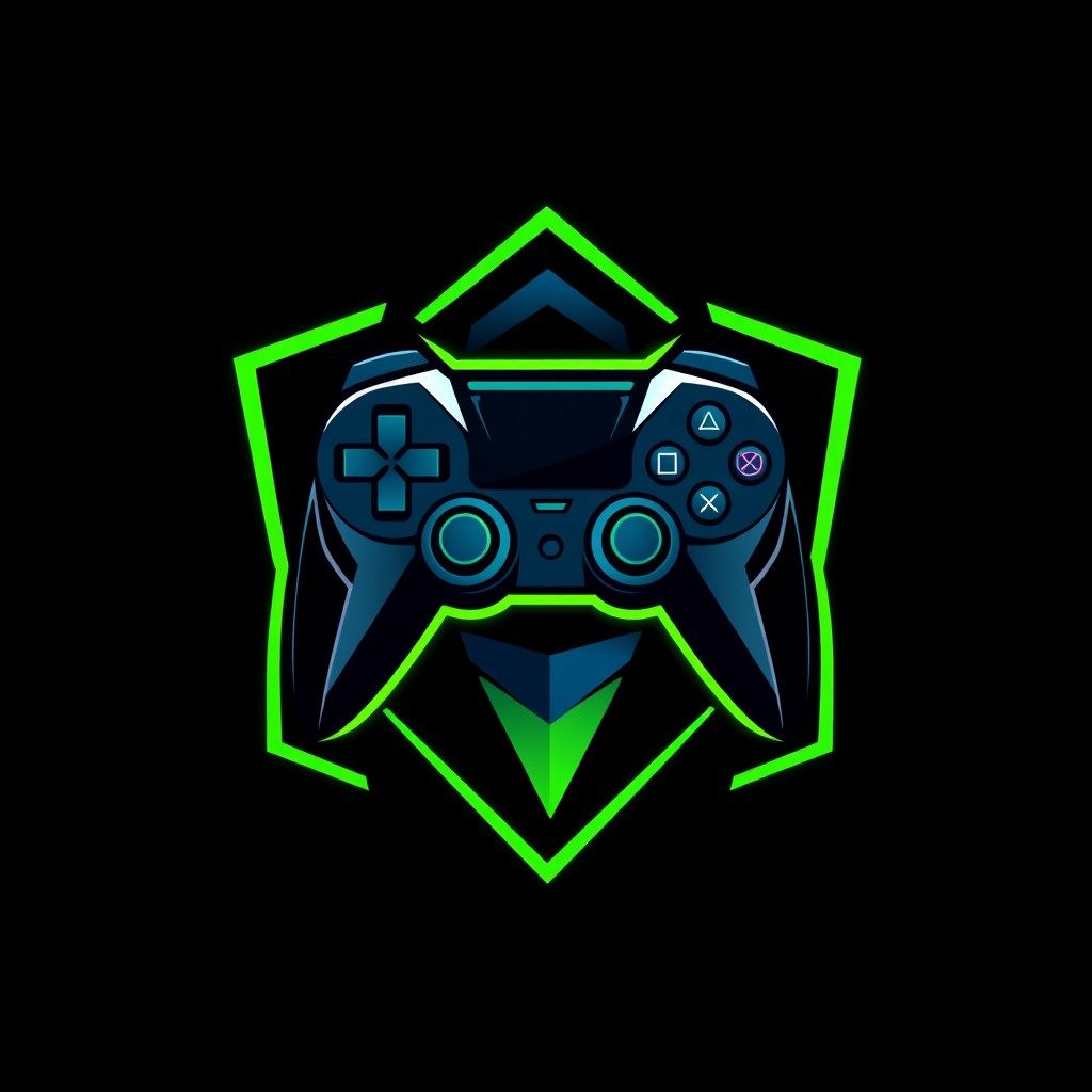 A sleek and modern gaming logo featuring a stylized game controller centered in the design