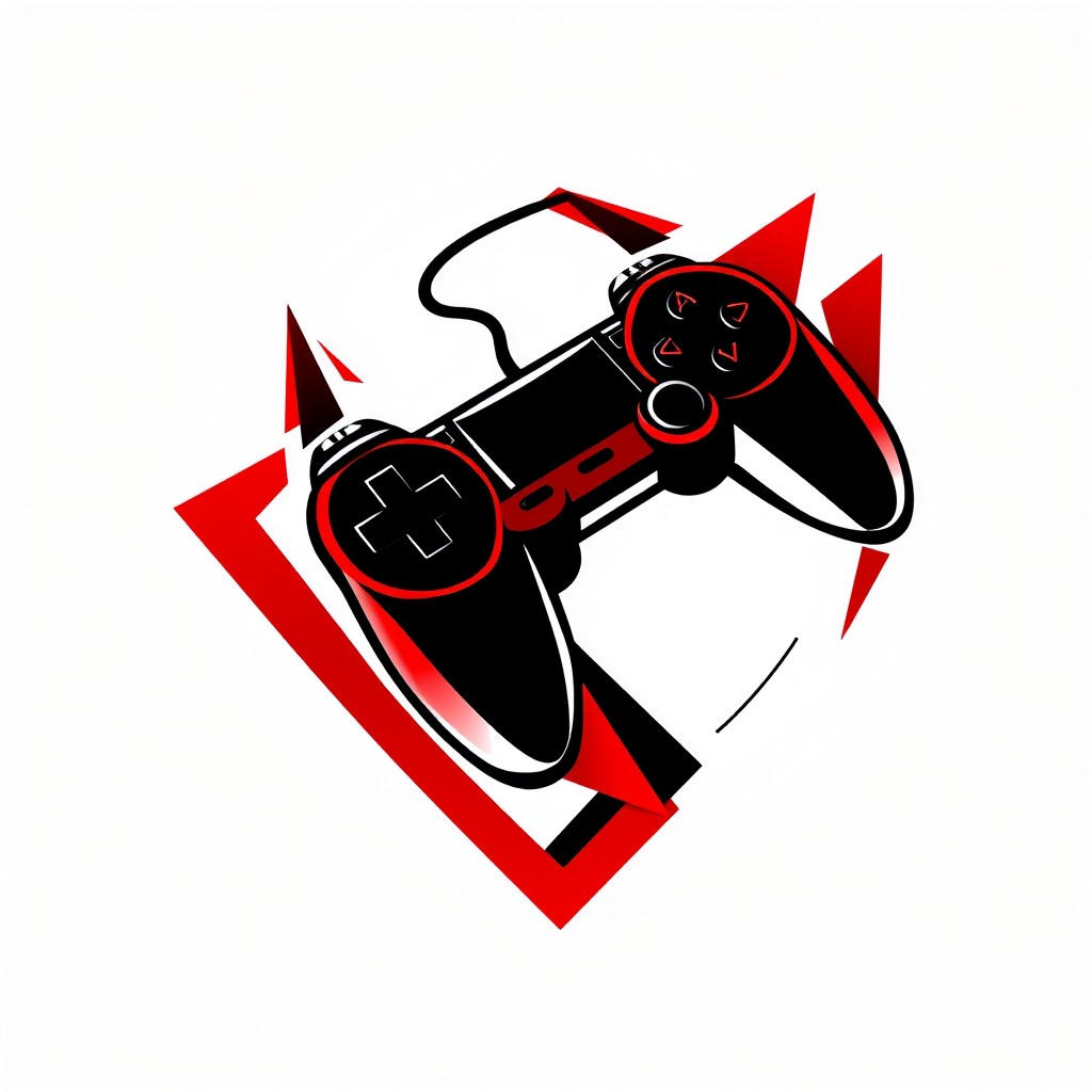 A bold and striking gaming logo featuring a stylized game controller at its center