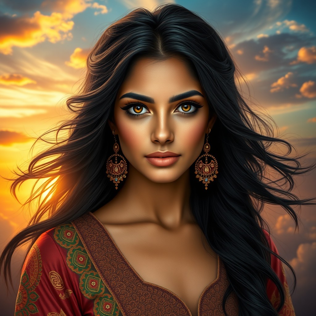 A stunning portrait of a mystical woman named Drishti, with flowing dark hair and bright, captivating eyes that seem to hold secrets of the universe