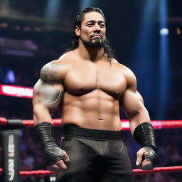 Charismatic WWE superstar Roman Reigns in his signature outfit, standing imposingly in a wrestling ring.