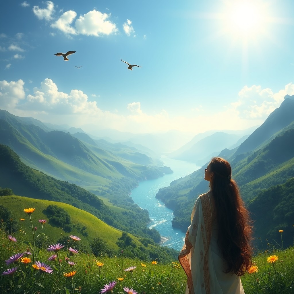 A serene and captivating landscape depicting a mystical view of lush green hills and a sparkling river under a bright blue sky