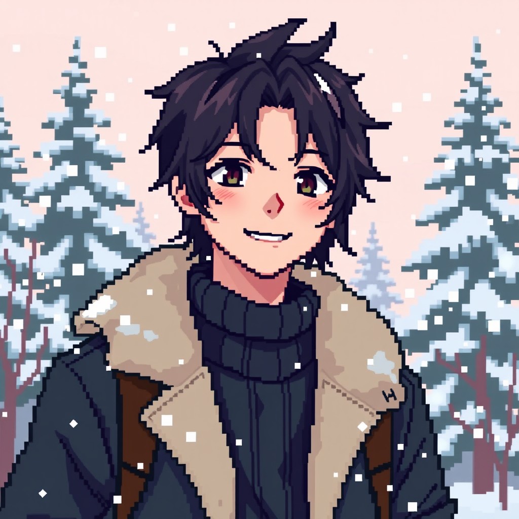 A pixel art depiction of a young male character with medium long hair, wearing a stylish winter jacket