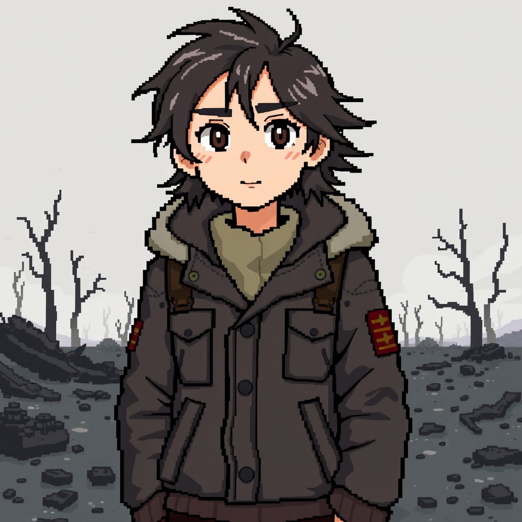 A pixelated boy standing in a desolate, apocalyptic wasteland environment, wearing a stylish winter jacket, showcasing medium-length hair flowing in the cold wind
