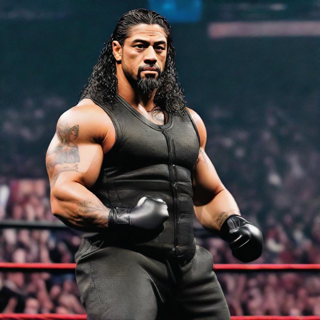 Charismatic WWE superstar Roman Reigns in his signature outfit, standing imposingly in a wrestling ring.