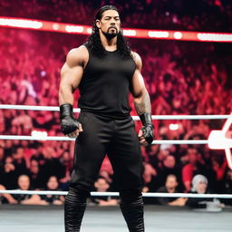 Charismatic WWE superstar Roman Reigns in his signature outfit, standing imposingly in a wrestling ring.