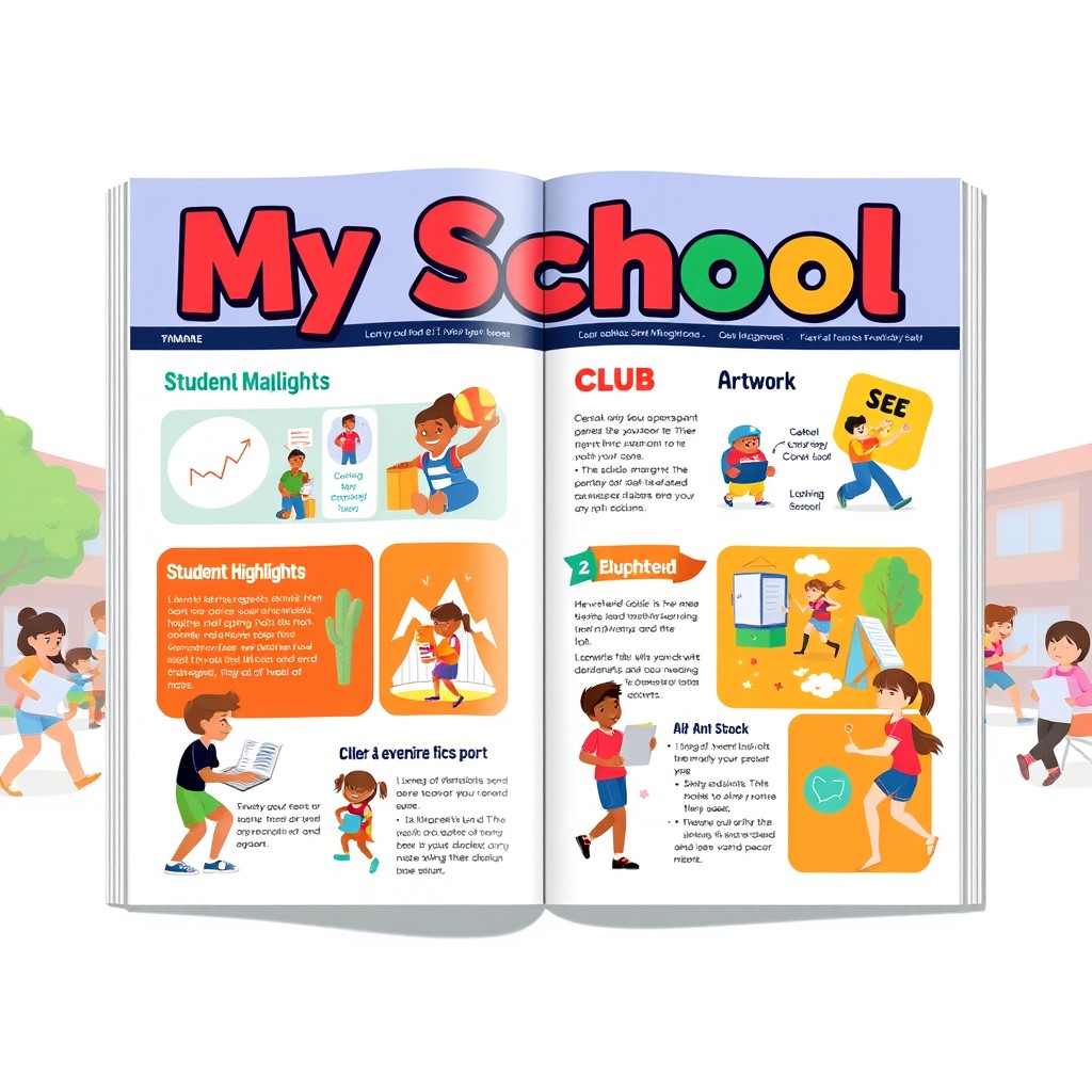An animated magazine page design featuring the heading 'My School Magazine'