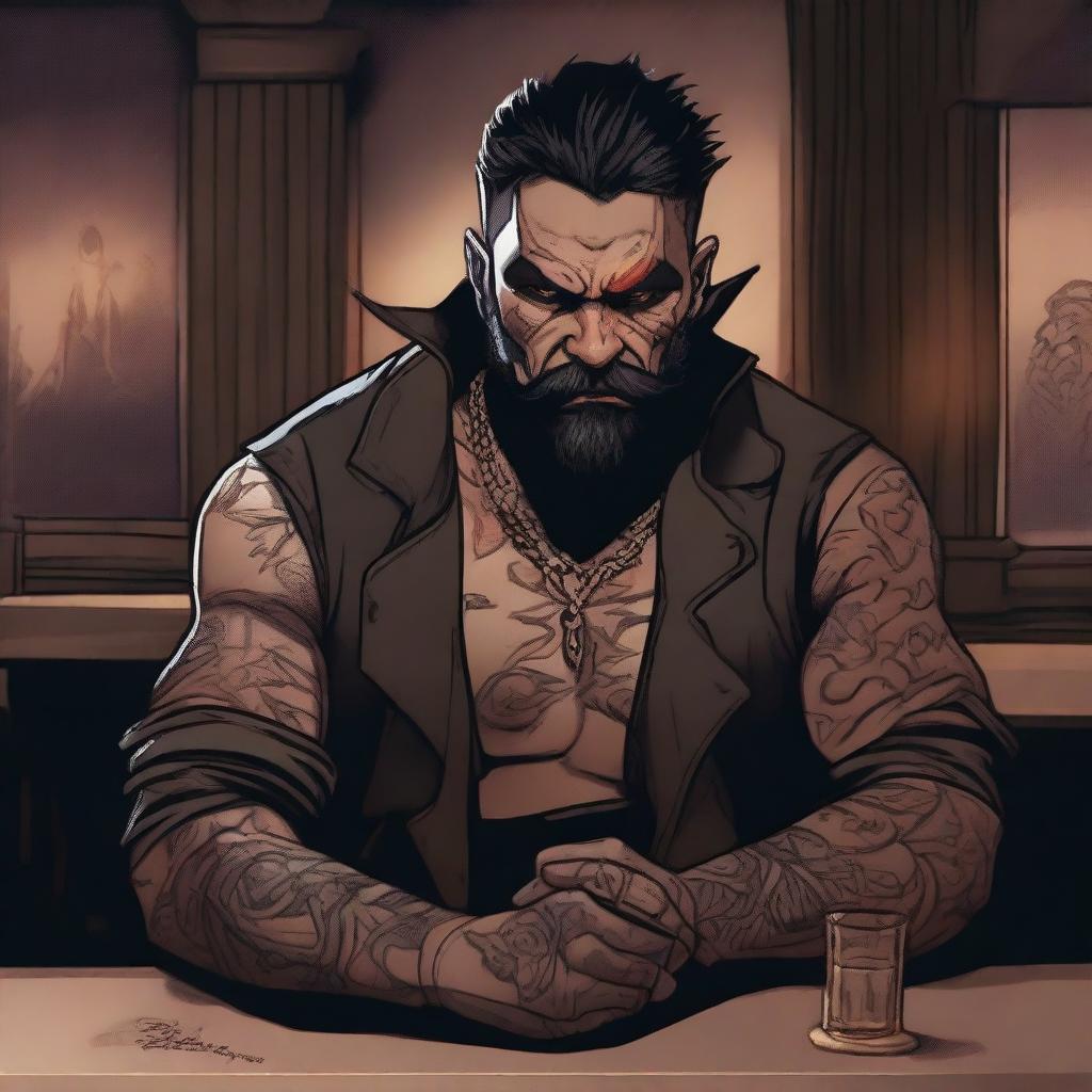 A high-quality digital art image portrays a male bandit with a devilish face, seated in a dimly lit tavern