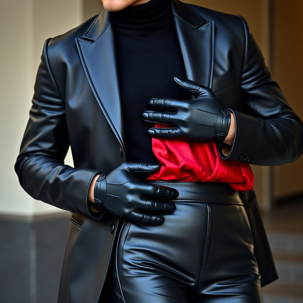 A stylish man wearing black leather gloves and a black leather blazer, with a black knit turtleneck sweater underneath