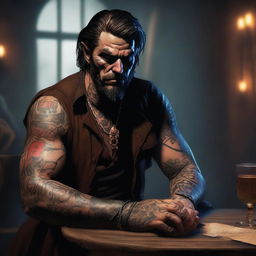 A high-quality digital art image portrays a male bandit with a devilish face, seated in a dimly lit tavern