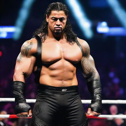 Charismatic WWE superstar Roman Reigns in his signature outfit, standing imposingly in a wrestling ring.