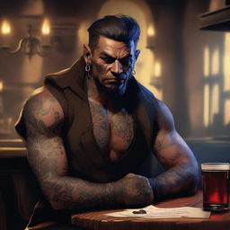 A high-quality digital art image portrays a male bandit with a devilish face, seated in a dimly lit tavern