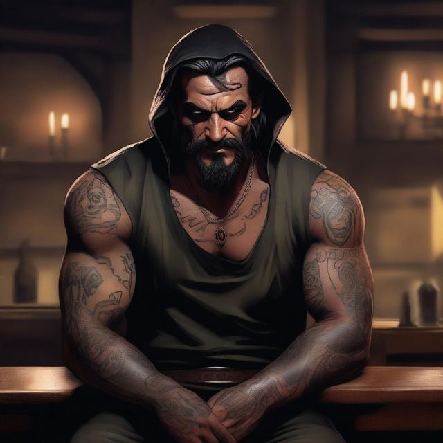 A high-quality digital art image portrays a male bandit with a devilish face, seated in a dimly lit tavern