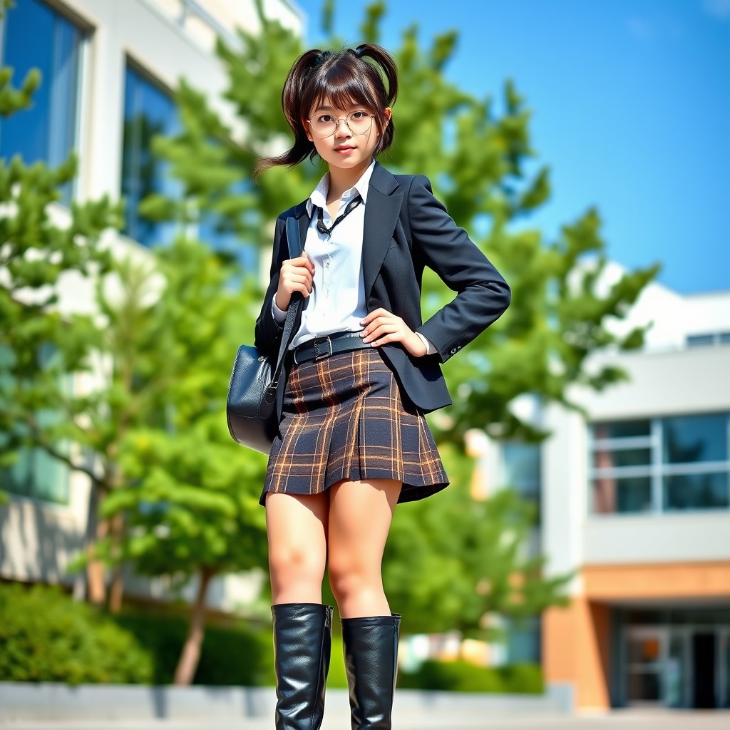A stylish school girl dressed in a trendy uniform, standing confidently with one hand on her hip
