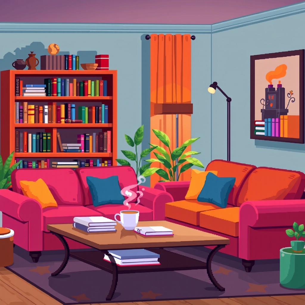 A pixel art representation of a cozy living room filled with stylish furniture