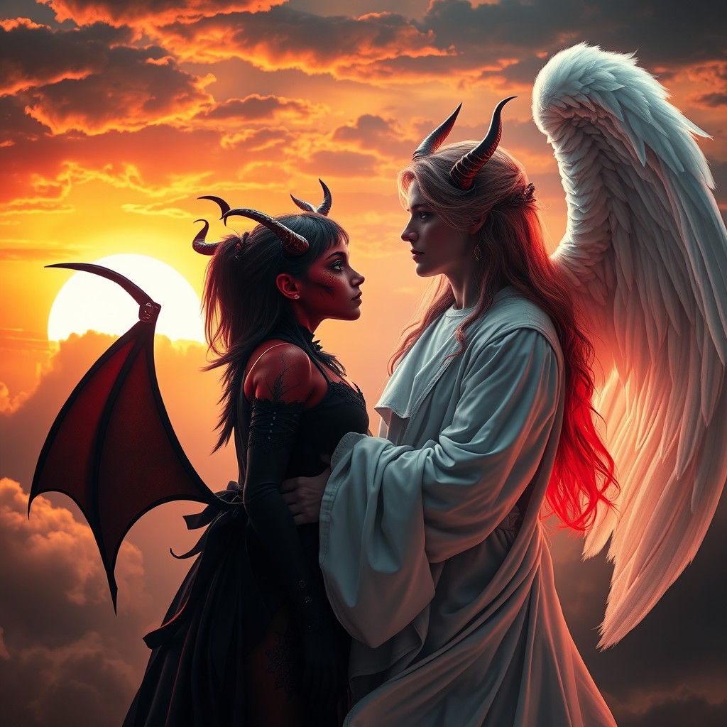 A captivating scene depicting a demonic girl with striking red skin, sharp horns, and glowing eyes, dressed in a dark gothic outfit, standing closely with an angelic man who has radiant white wings, sparkling blue eyes, and a gentle expression, wearing flowing white robes