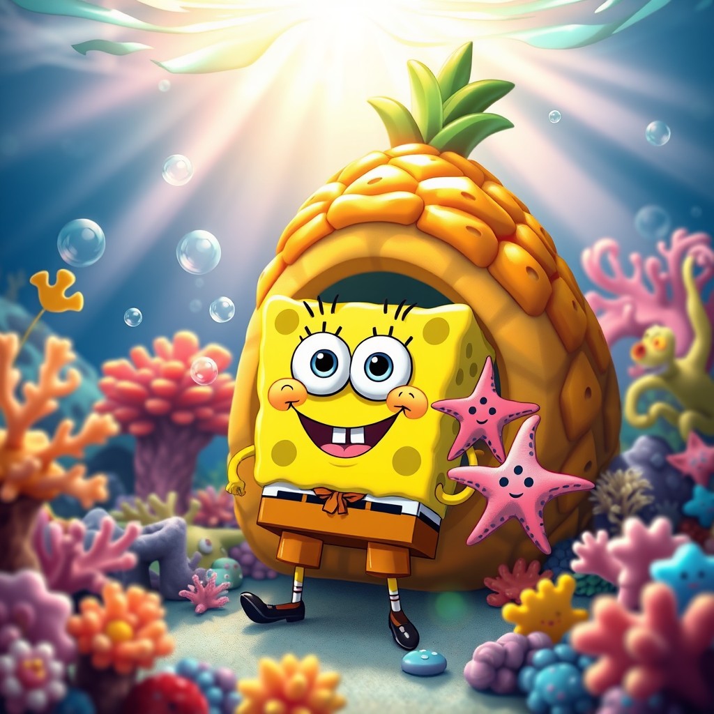 A whimsical underwater scene featuring a bright yellow sponge character with big eyes and a cheerful smile, living in a quirky pineapple house surrounded by colorful coral reefs and playful sea creatures